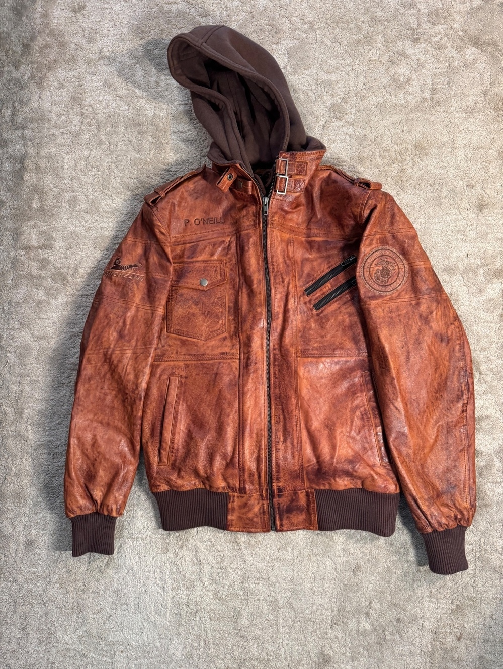 Michelin Aircraft Tire USMC Navy Leather Flight Jacket Aviator Distressed Hooded